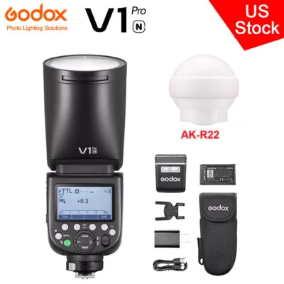 US Godox V1 Pro-N TTL HSS Li-ion Flash Speedlite+AK-R22 Dome Diffuser For Nikon - Image 1 of 4