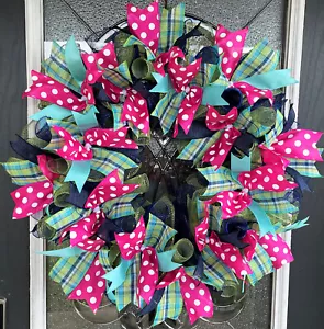 Pink Polka Dot & Aqua Front Door Deco Mesh Wreath Spring Summer Everyday - Picture 1 of 6