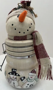 Country Snowman Clasp Cookie Jar Canister W/ Hat & Scarf Hand Painted Holiday - Imagen 1 de 22