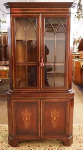 Vintage English Edwardian Style Mahogany Inlaid Corner Cabinet - Picture 1 of 15