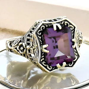 VINTAGE STYLE LAB-CREATED ALEXANDRITE 925 STERLING SILVER FILIGREE RING #019 - Picture 1 of 3