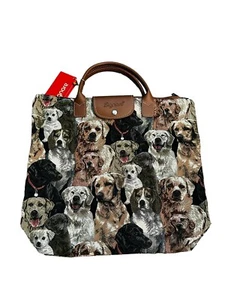 Signare Tapestry Foldable Tote Shopping Bag Snap Button Labrador Dogs NWT - Picture 1 of 6