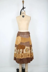 Vintage 70s Char Floral Patchwork Suede Skirt Handmade Floral Hippie Boho - Picture 1 of 4