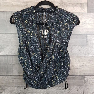 Free People Ma Cherie Blouse Top Size Small Black Foral Crossover Chiffon Boho - Picture 1 of 11
