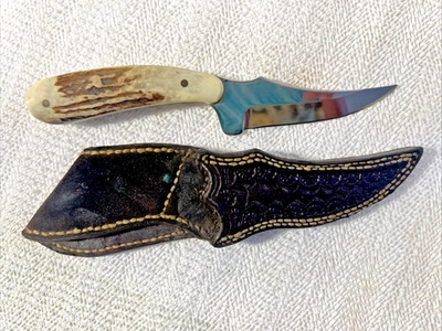 Cuchillo de cuerno de ciervo de hoja fija vintage WM William Bill Miller con funda Foto 1 de 4