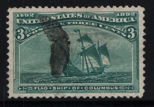 1893 US 232 3c Green Columbian Exposition Flag Ship of Columbus Used W Cert - Picture 1 of 2