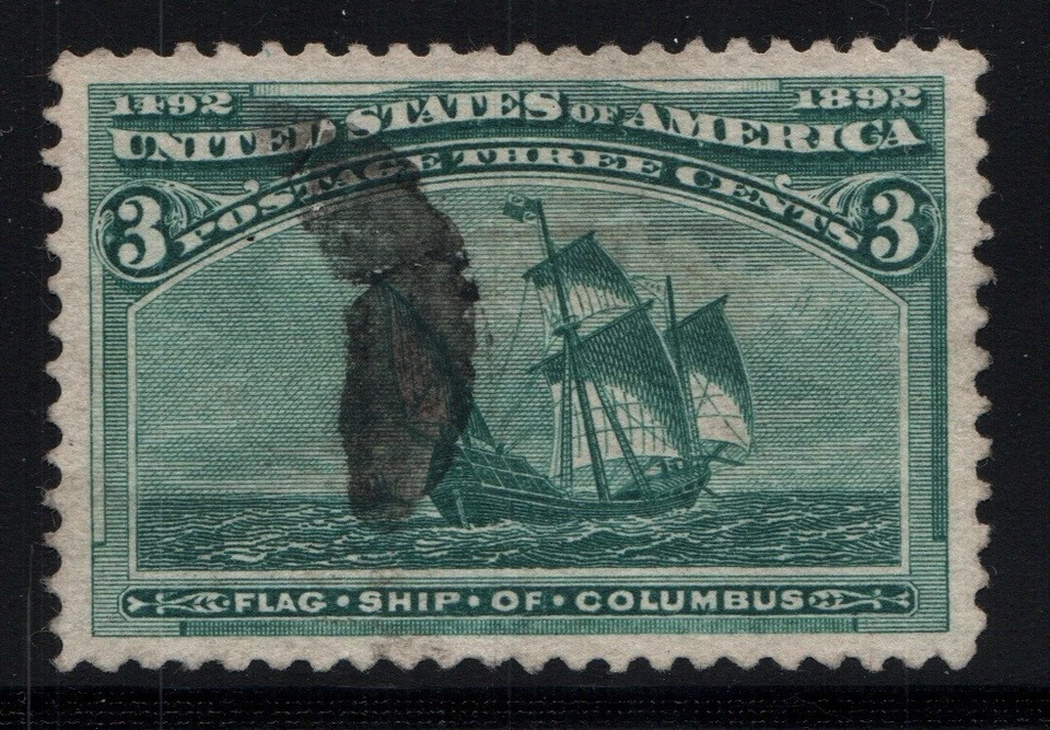 1893 US 232 3c Green Columbian Exposition  Flag Ship of Columbus Used W Cert - Image 1 of 2