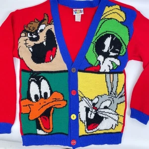 Looney Tunes Vintage Sweater Cardigan Medium 10/12 90s Taz Bugs Daffy Marvin - Picture 1 of 8