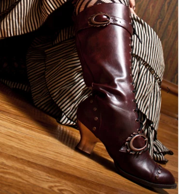 Hades 复古红色素食皮革蒸汽朋克 3/4 及膝高筒靴跟拉链 6 码 — 第 1/4 张图片