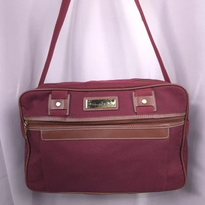 Bagagem de mão vintage Oscar De La Renta de lona borgonha bolsa de ombro de viagem - Imagem 1 de 4