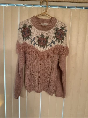 Suéter tejido vintage 1990 Allison Brittney con flecos grande floral toque dorado Foto 1 de 4