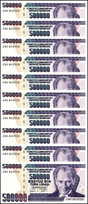 Turkey 500000 Lira, L.1970 (1998 ND), P-212a.1, UNC Prefix J X 10 PCS - Image 1 of 2