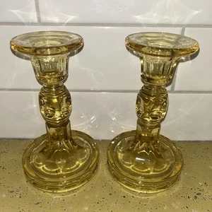 Fostoria Hermitage Topaz Yellow Gold Pillar Candlesticks 6” Wide Base Reversible - Picture 1 of 10
