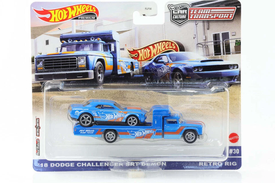 1:64 Team Trasporto 2018 Dodge Challenger SRT Demon Retro Rig #30 Hot Wheels - Immagine 1 di 1