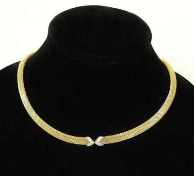 NEW-SKAGEN GOLD+SILVER TONE S/STEEL DOMED MESH NECKLACE+CRYSTAL PAVE JNG0015 - Image 1 of 4