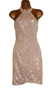 Lipsy Silver Nude Champagne Sequin Dress 14 Halter Evening Party Wedding Prom - Picture 1 of 16
