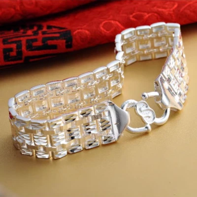 Pure 990 Fine Silver Bracelet Women Man's 15mm Square Wider Watch Link Chain - Image 1 of 4