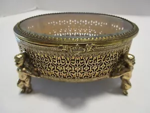 Metall Filigran Ormolu Abgeschrägt Glas Oval Schatulle Schmuckkästchen Fuß 4 Cherubs 6"W - Bild 1 von 10