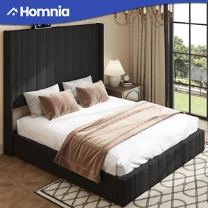 King Size Bed Frame Hydraulic Storage Upholstered Headboard with Charging Ports - Picture 1 of 11