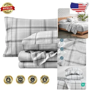 Elegant 4-Piece Queen Flannel Sheet Set - Double Brushed Tartan Plaid - Picture 1 of 11