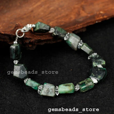 Pulsera de plata de ley 925 genuina esmeralda + Herkimer 11-13 mm pepitas 7" Foto 1 de 4