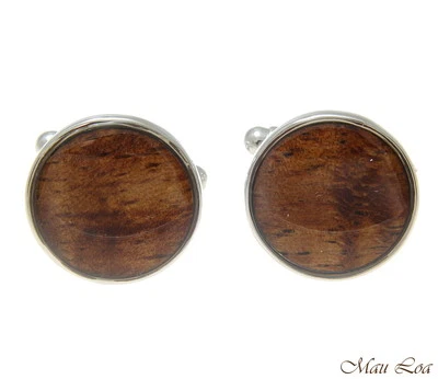 Gemelos redondos circulares de latón chapado en plata rodio hawaiano madera Koa 16 mm Foto 1 de 2