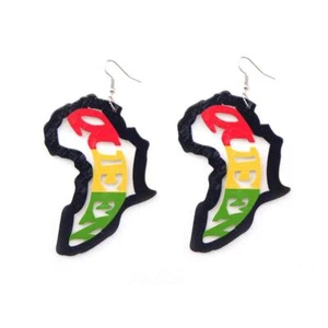 Women's Afrocentric Africa Map Text Wood Dangle Earrings Wooden Geometric Pendan - Picture 1 of 2