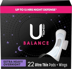 U by Kotex Balance Ultra Thin Overnight Pads/Wings, Extra Heavy Absorbency 22 CT - Picture 1 of 6