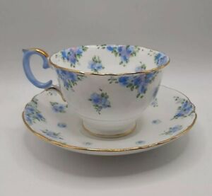 Vintage Crown Staffordshire Teacup And Saucer Blue Forget Me Not Floral F14895