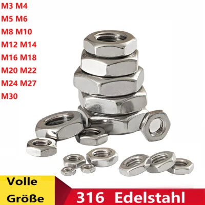 Sechskantmutter Niedrig Flach Feingewinde Edelstahl V4A M3 M4 M5 M6 M8 to M30 - Bild 1 von 4
