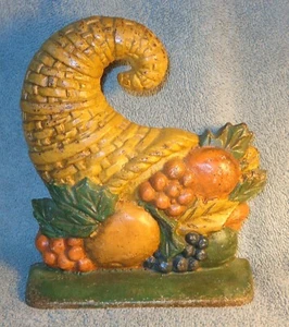 ANTIGUO CUERNO DE ACCIÓN DE GRACIAS OTOÑO METAL HIERRO FUNDIDO VINTAGE CORNUCOPIA TOPE DE PUERTA - Imagen 1 de 8
