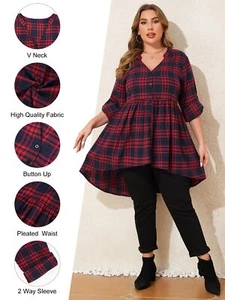 PLUS SIZE ⭐Womens Button V Neck Blouse Long Sleeve Check Casual Loose Long Tops - Picture 1 of 8