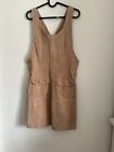 Styleworks Beige Leather Suede Skirt Overalls Suspender Front Pocket Size Small