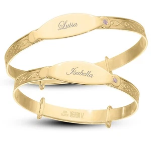 Personalized Silver INFANT bangle for Girl, Yellow Gold Plated, 1-3yrs, pink - Picture 1 of 5
