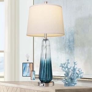 Modern Glass Nightstand Lamp w/ White Fabric Shade Touch Control 3-Way Dimmable - Picture 1 of 4