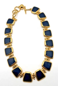 Anne Klein For Talbots Gold Tone Navy Blue Enamel Necklace Byzantine Collar 18" - Picture 1 of 15