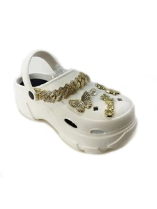 Women White Diamante Waterproof High Platform Rubber Close Toe Clog Mule Sliders - Picture 1 of 16