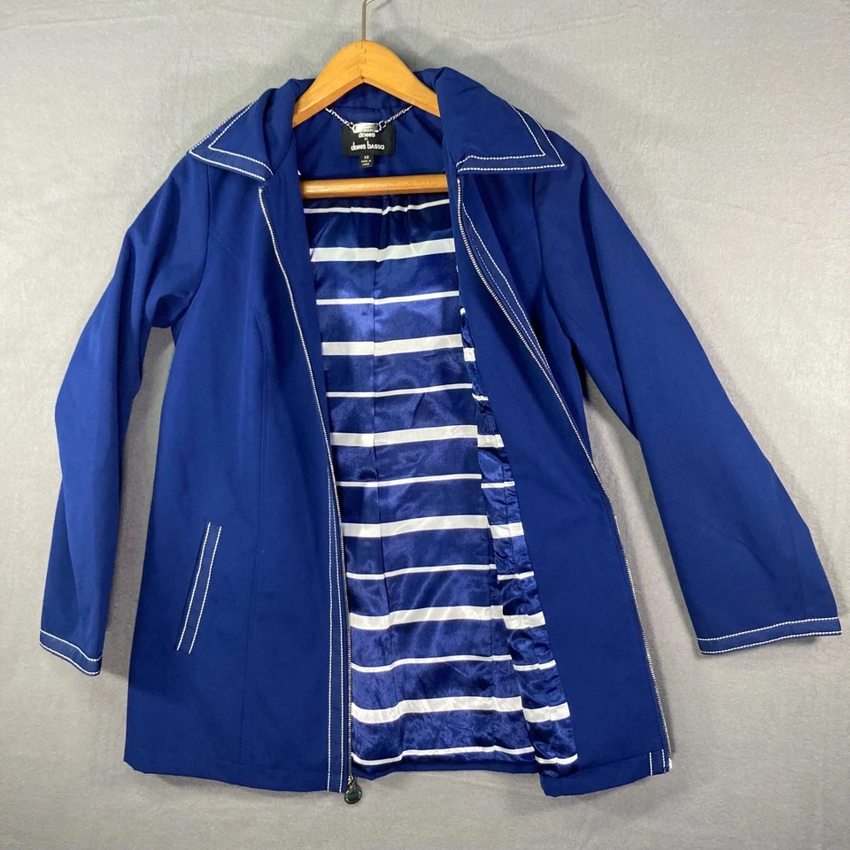 Dennis Basso Raincoat XS Blue White Stripe Lined Hooded Jacket Womens - Image 1 of 4