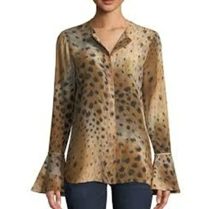 Lafayette 148 Izzie Agave Leopard Seidenbluse Glockenärmel - Bild 1 von 4