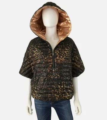 Chaqueta Poncho Think Royln Plumón XS/S Alta-Baja Capucha Acolchada Leopardo Animal Oro Rosa Foto 1 de 4