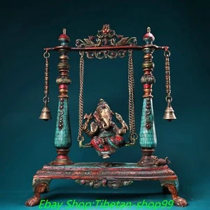 16.5''Old Tibet Bronze Turquoise 4 Arms hand Ganapati Elephant God Buddha Statue - Picture 1 of 9