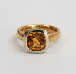 18K Yellow & White Gold Orange Citrine Ring with Smooth Band, size 6.25 - Picture 1 of 5