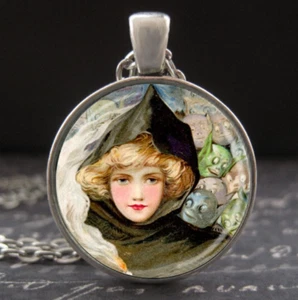 Joyería de Halloween Collar Bruja Hecho a Mano Vintage Arte Ghouls y Goblins Colgante - Imagen 1 de 3