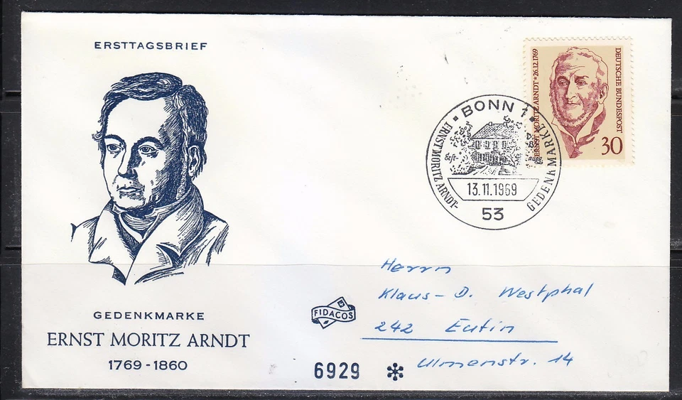 Germany 1969 FDC cover Mi 611Sc 1013 Ernst Moritz Arndt Historian & poet 6929 - Image 1 of 1