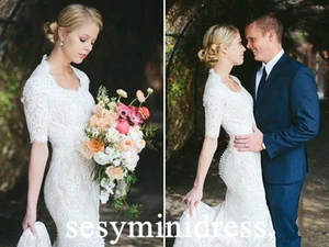 Mermaid Modest Lace Bridal Dress White Ivory Wedding Gown Size 4 6 8 10 12 14 16 - Picture 1 of 6