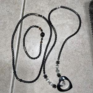 2-18' Vintage Open Heart Hematite & White Tiger's Eye Necklace Plus Bracelet - Picture 1 of 5