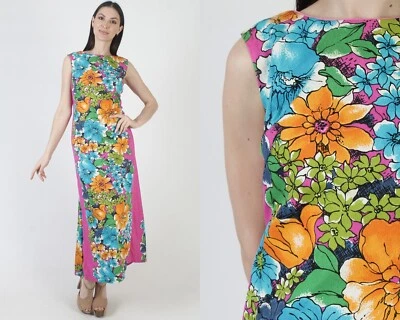 Vestido De Colección Hawaiano Togs Rosa Algodón Tela de Corteza Tren Capa Muu Muu Tiki Solero Foto 1 de 4