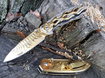 Gold Frame Lock Skull Thumb Stud Pocket Knife Tip Up Carry EDC 5.1 oz Fast Open - Image 1 of 4