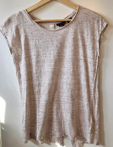 Top donna Tahari piccolo marrone 100% lino bottoni schiena sottile elasticizzato minimalista - Foto 1 di 6