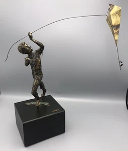 Curtis Jere Bronze Boy Flying Kite Sculpture on Base 1969 Vintage - Picture 1 of 9